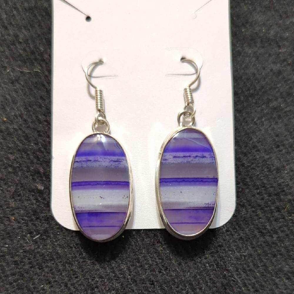 Silver Plated Purple Striped Banded Agate Gemstone Oval Dangle Statement Earring